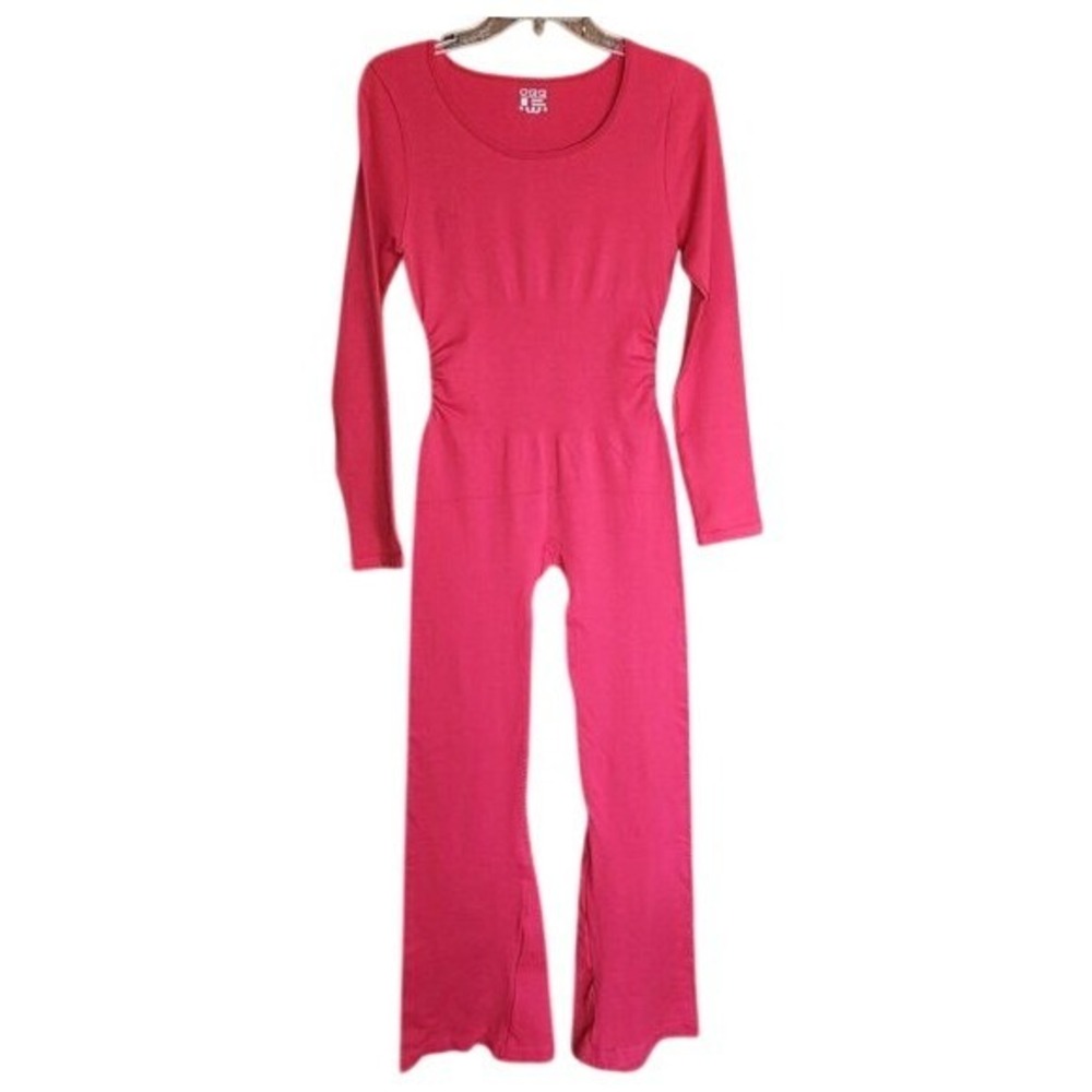 OQQ Red Flared Ribbed Yoga Jumpsuit Large Bell Bottom One Piece NWT